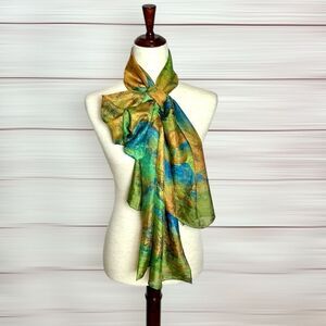 Large Oblong Silk Scarf Chinese Landscapes Print Green Blue Mustard Hand Rolled